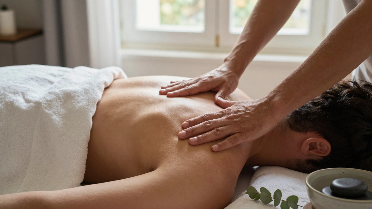 Mains de thérapeute exerçant une pression précise sur les épaules d'un client lors d'un massage profond.