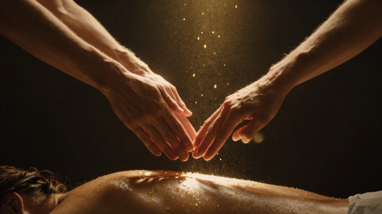 Mains en train de masser flottant dans l'obscurité, éclairées par une lumière dorée, symbole du lien rétabli par le toucher.