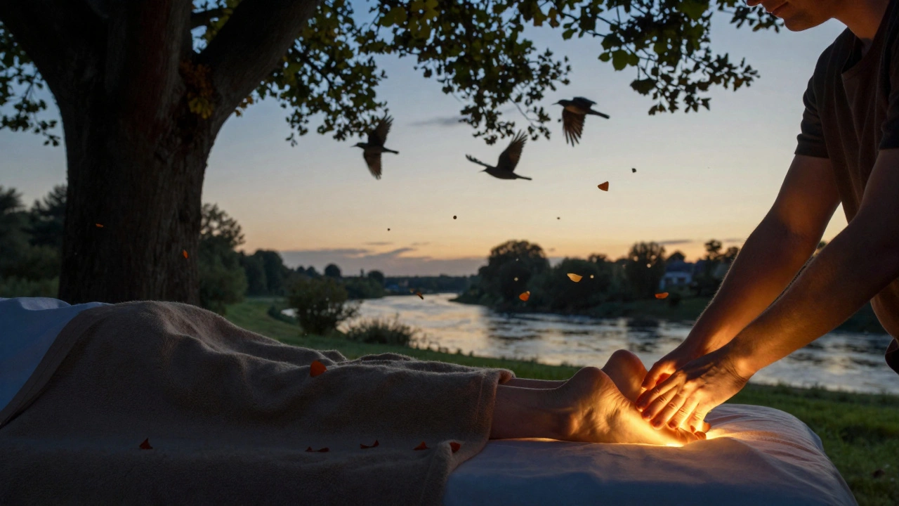 Massage en plein air sous un arbre à Butte-aux-Cailles, avec des feuilles et des oiseaux en arrière-plan, dans une atmosphère paisible.