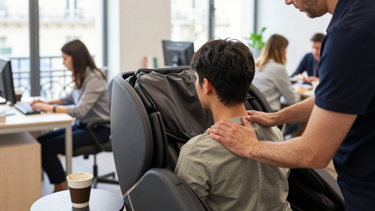 Massage rapide en chaise dans un bureau parisien, épaules détendues, ambiance calme au milieu du stress.