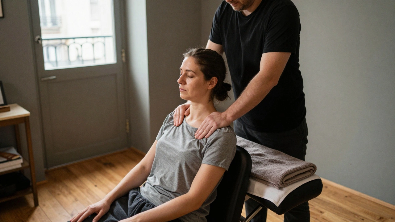 Masseur professionnel offrant un massage suédois à un client détendu dans un atelier discret.