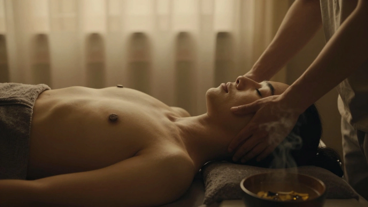 Personne allongée sur le dos, main sur la poitrine, respirant profondément pendant un massage des bras.