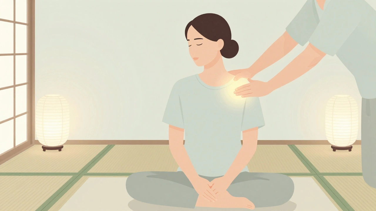 Personne assise en tailleur tandis qu'un masseur travaille les omoplates avec les pouces, dans un cadre apaisant.