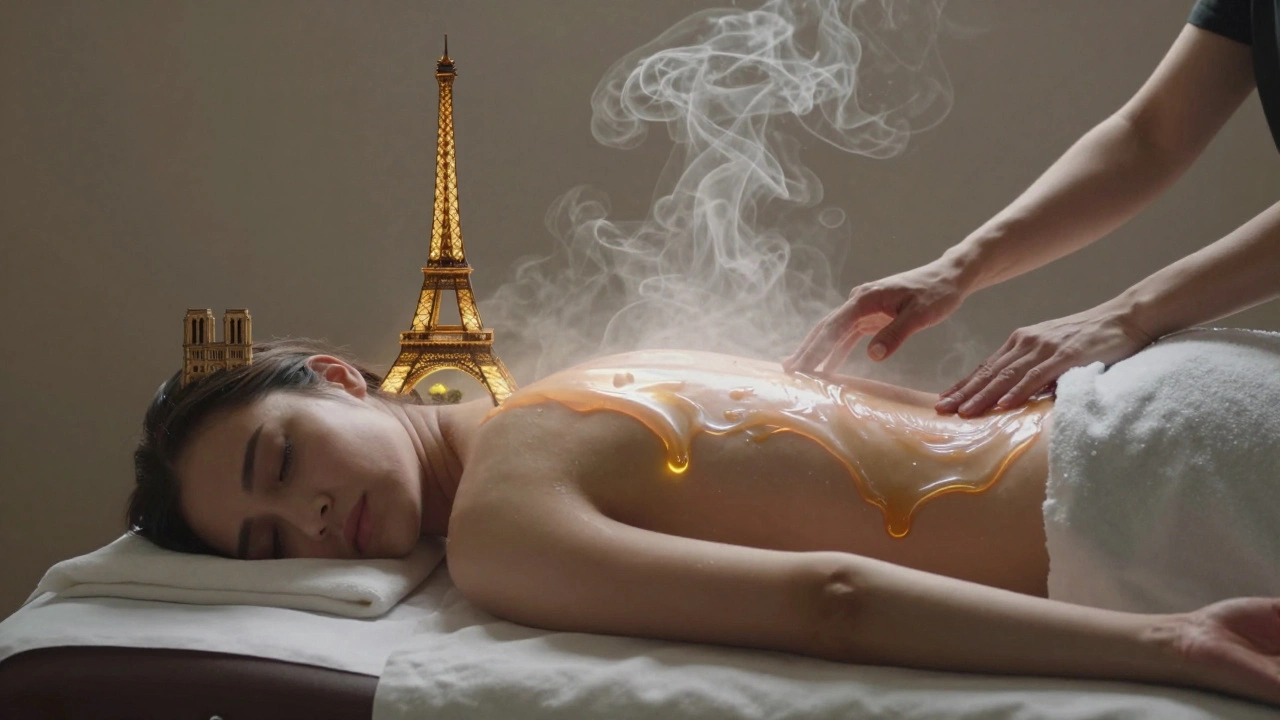 Personne en train de se détendre, son corps se transformant en vapeur et lumière au cœur de Paris.