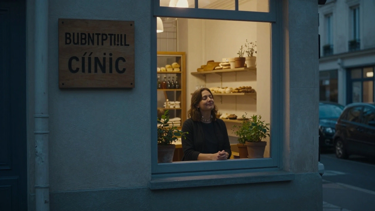 Personne quittant un petit atelier de massage à Paris 13, épaules détendues, lumière du crépuscule.