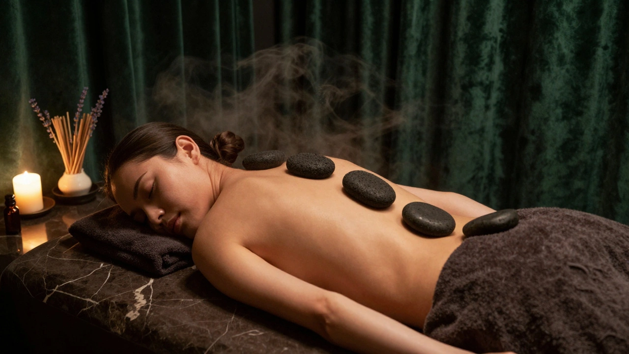 Pierres chaudes posées sur le dos d'une personne détendue, lumière tamisée et ambiance luxueuse de spa.