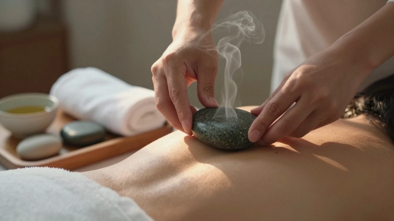 Plan rapproché des mains d'un praticien déplaçant une pierre volcanique chaude sur le dos d'une personne, dans un cadre minimaliste et apaisant.