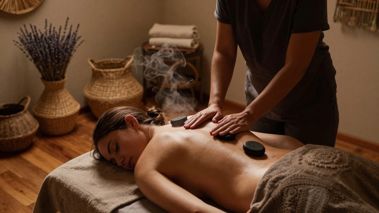 Praticien utilisant des pierres chaudes dans un atelier chaleureux et bohème à Paris.