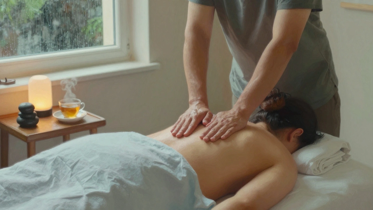 Praticienne masseuse effectuant des mouvements doux sur le dos d'un client, pierres chaudes et tasse de thé en arrière-plan, lumière tamisée.