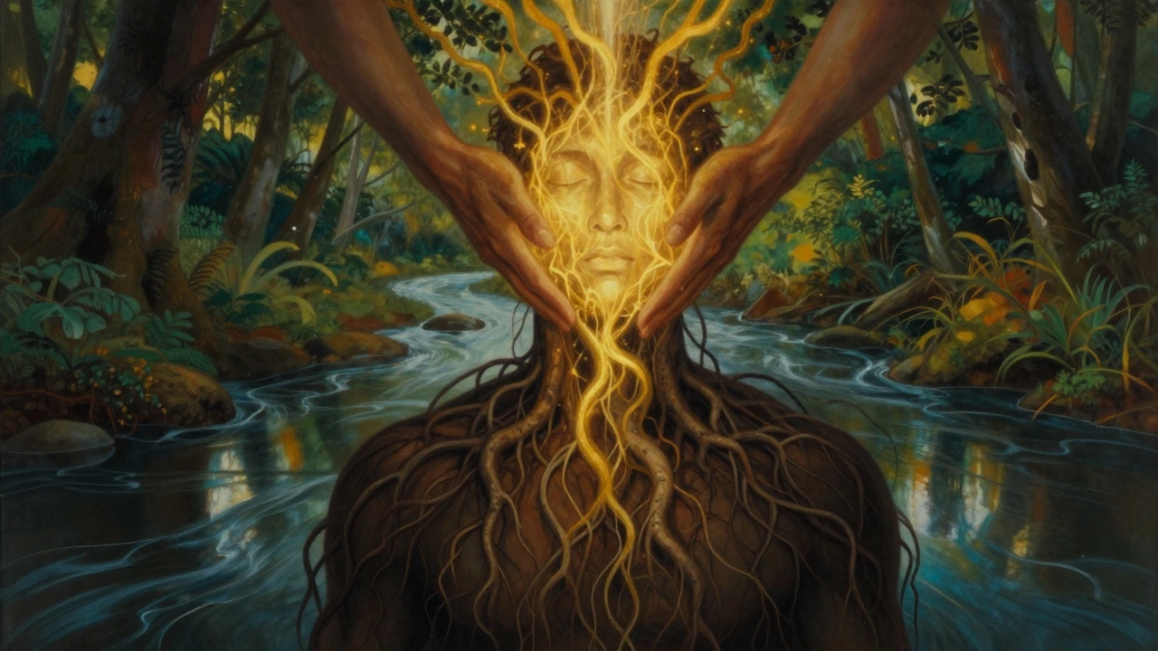 Racines sombres qui se défont en lumière dorée au niveau des épaules, symbolisant la libération des blocages émotionnels.
