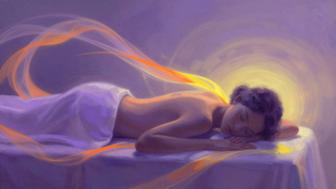 Représentation abstraite des effets apaisants des huiles essentielles sur l'esprit, en tons de lavande et d'orange.