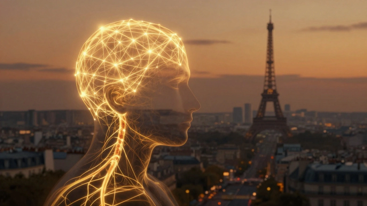 Réseau lumineux d'énergie émergent du crâne, floutant la ville de Paris au crépuscule, symbole de soulagement du stress.