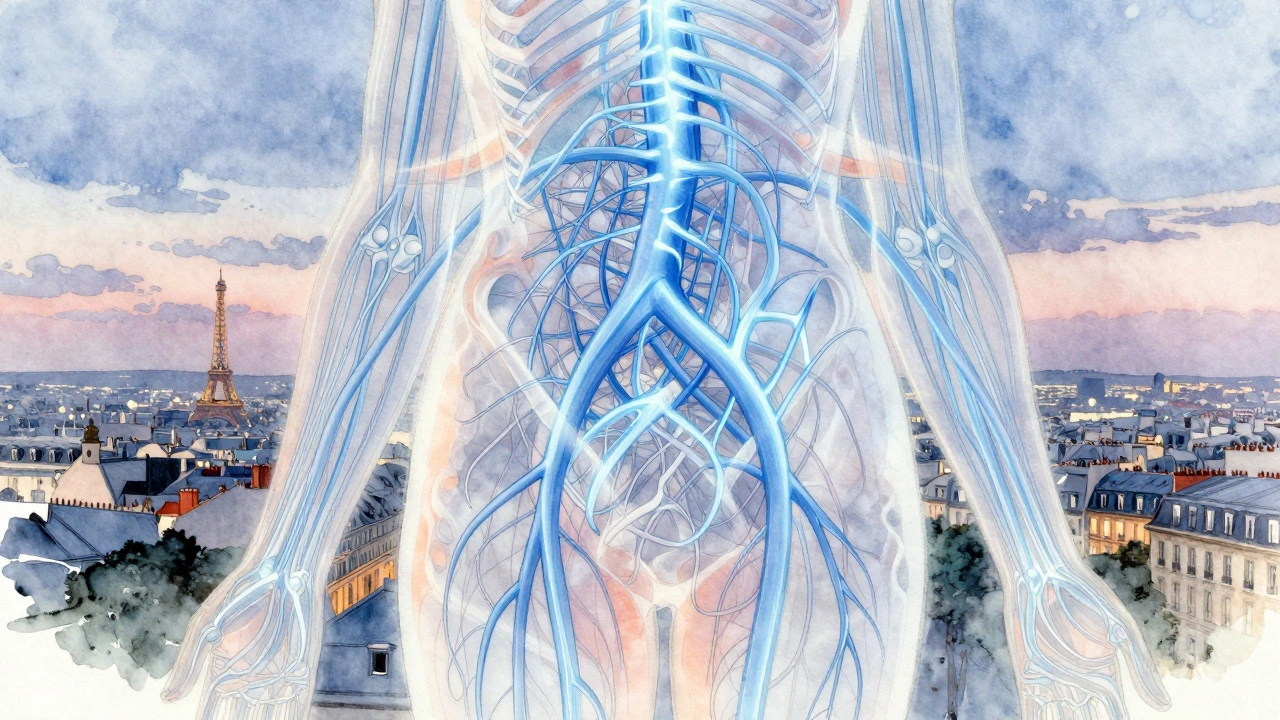 Schéma artistique du système lymphatique avec des voies lumineuses guidées par des mains invisibles au-dessus d'un paysage parisien.