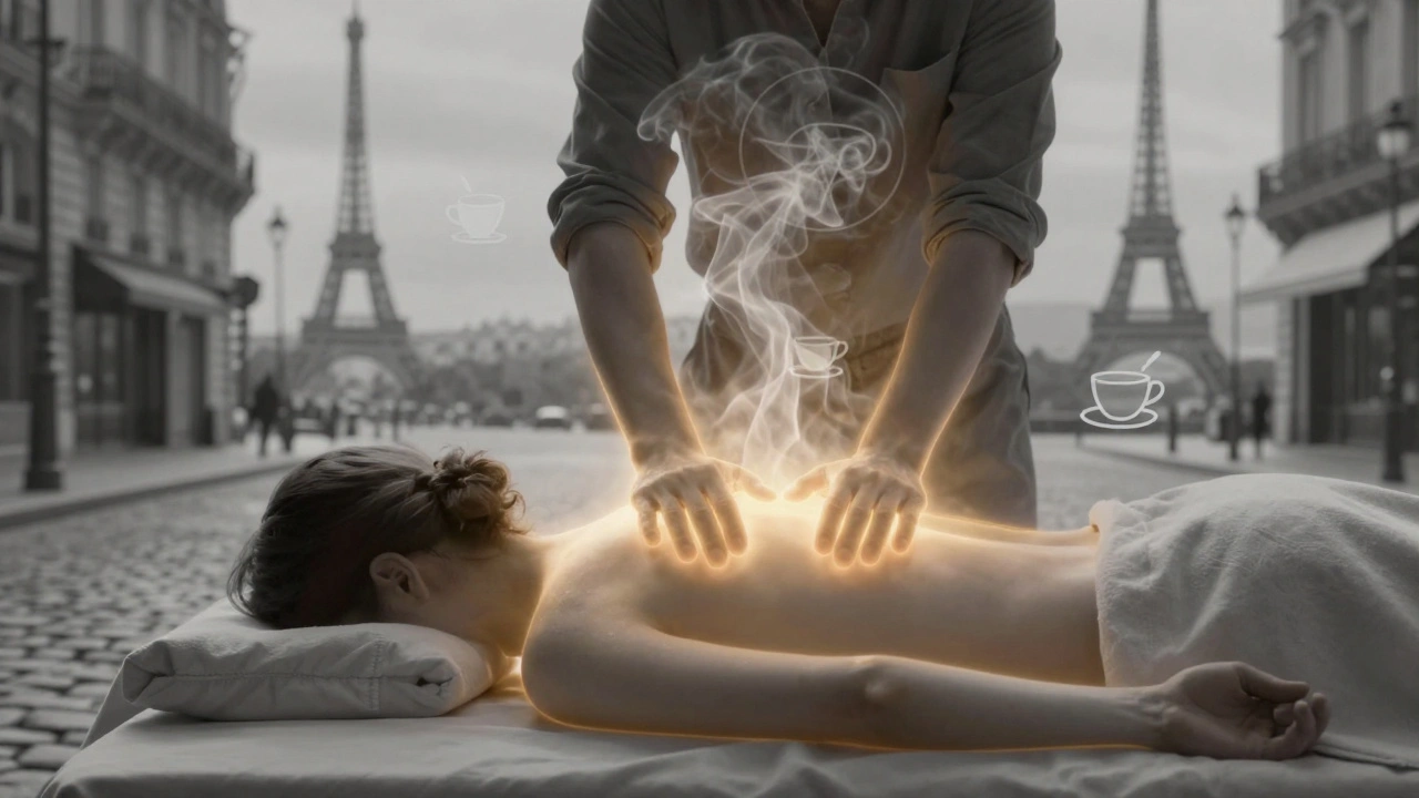 Silhouette d'une personne libérée du stress, lumière dorée évoquant la détente, symboles discrets de Paris floutés autour d'elle.