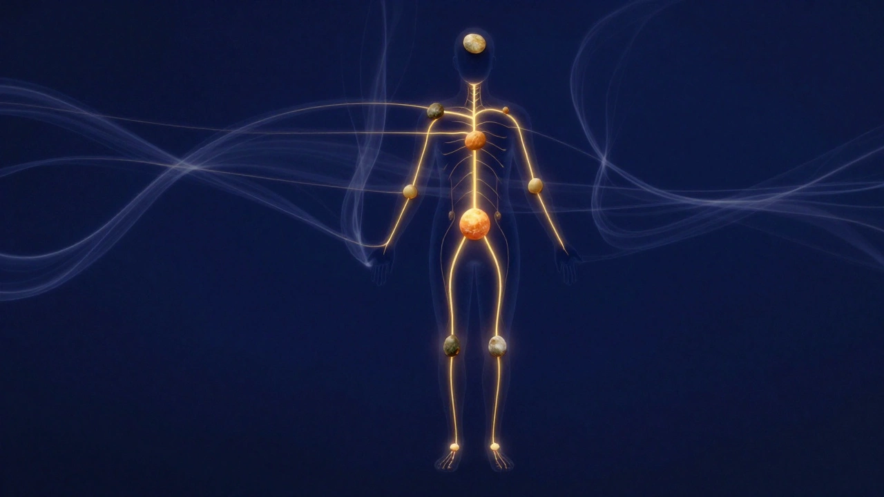 Silhouette humaine avec des lignes de chaleur dorée émanant des pierres posées sur le corps, symbole de détente profonde.