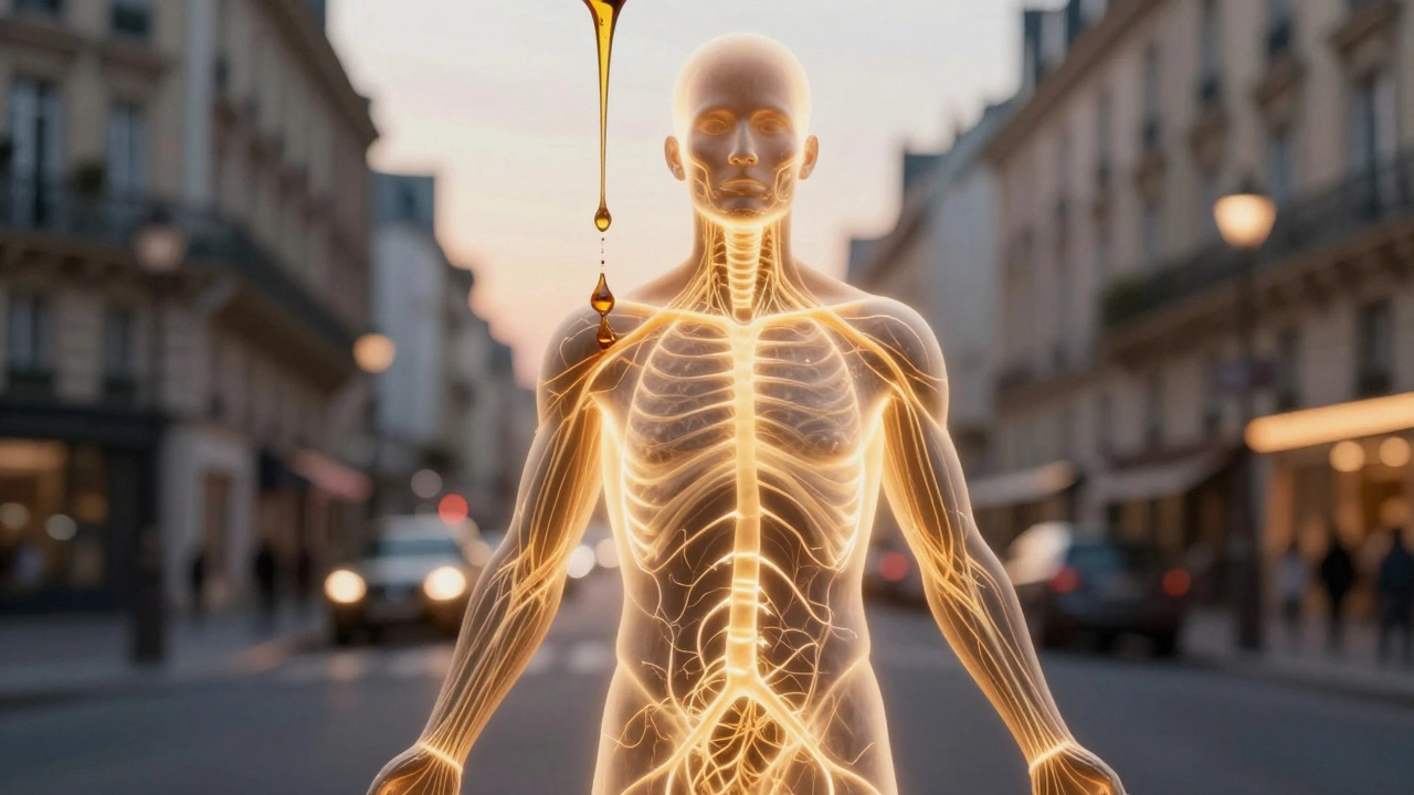 Silhouette humaine illuminée par des voies énergétiques dorées, symbolisant la renaissance intérieure après un massage.