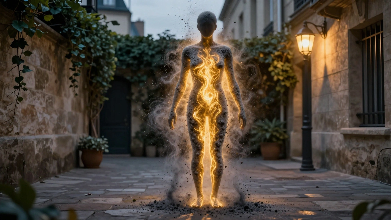 Silhouette humaine libérant des toxines et émergente dans une lumière dorée, au crépuscule parisien.