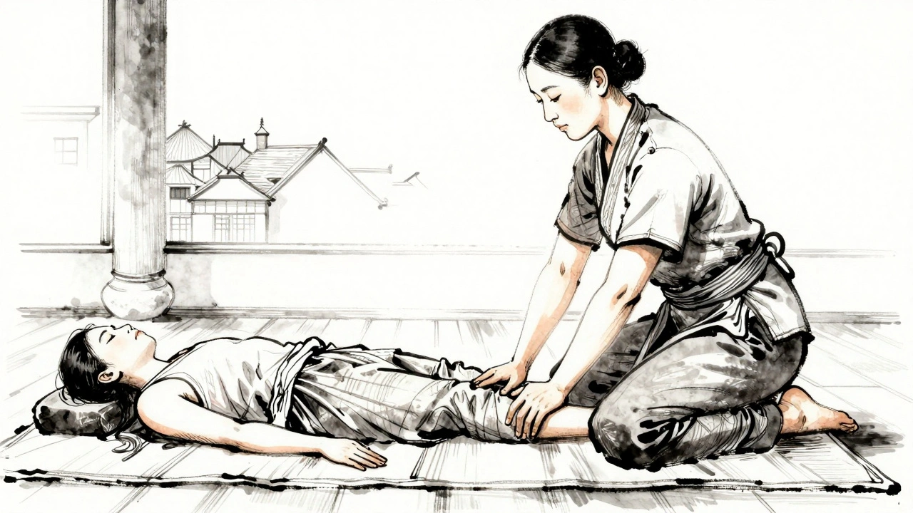 Thérapeute utilisant ses pieds et ses mains pour étirer un client lors d'un massage thaïlandais traditionnel.