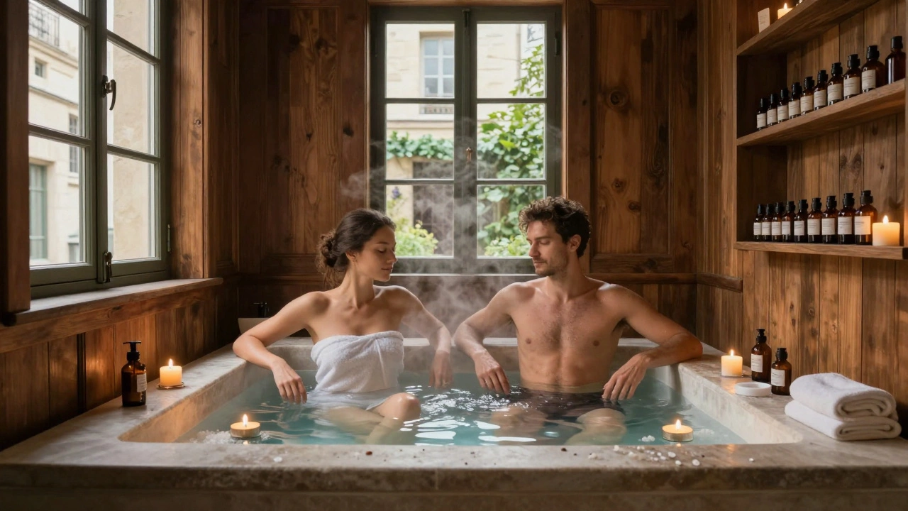 Un bain de pieds aux sels d’Epsom dans un spa du Marais, avec des bougies flottantes et des huiles artisanales sur les étagères.