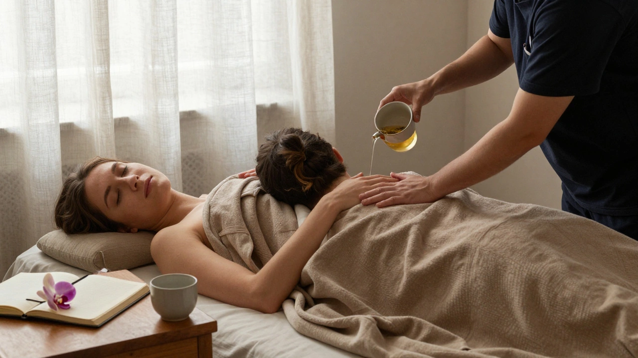 Un couple reposant après un massage, mains jointes, avec une tisane et une orchidée sur une table en bois, dans une lumière douce.