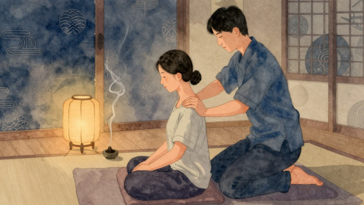 Un praticien applique une pression précise en shiatsu sur les épaules d'un client assis au sol, dans un intérieur chaleureux avec de la fumée d'encens.