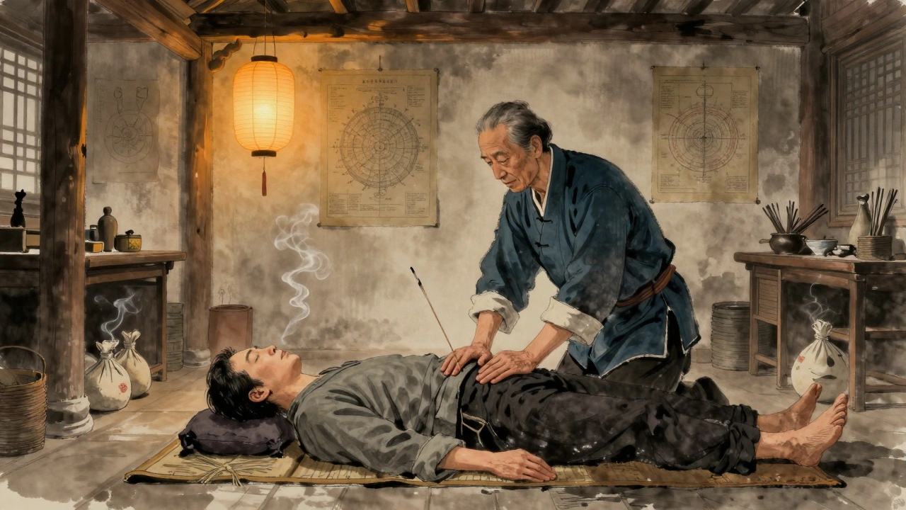 Un praticien chinois applique une pression précise sur un client habillé dans un atelier transformé en centre de shiatsu.