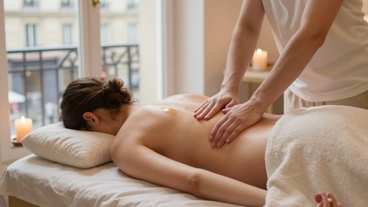 Une femme enceinte bénéficie d'un massage prénatal sur une table adaptée, soutenue par des coussins, dans une pièce apaisante avec une bougie qui brûle.