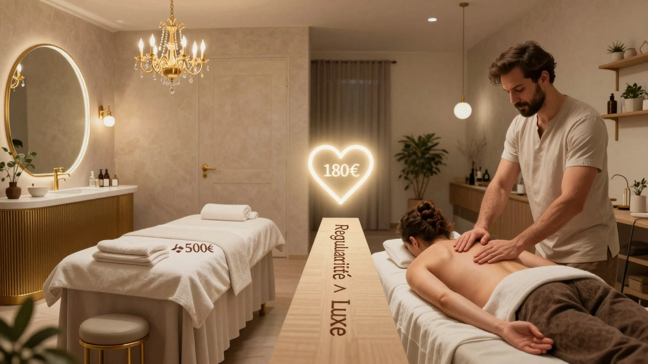 Comparaison visuelle entre un spa luxueux coûteux et un studio local abordable pour un massage bien-être.