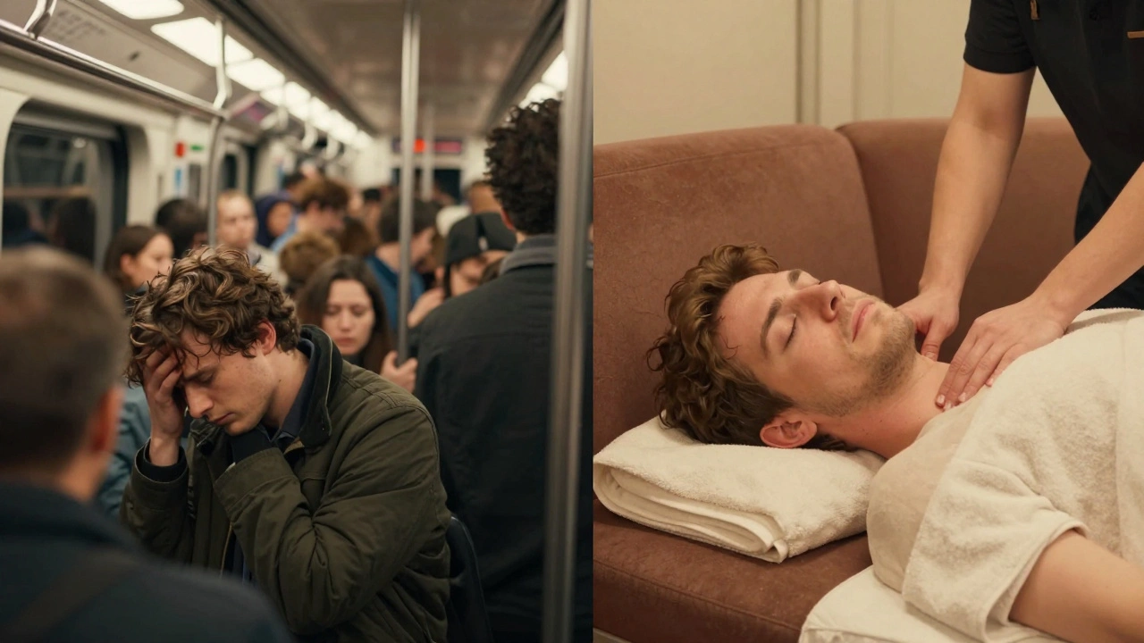 Contraste entre un trajet stressant en métro parisien et un moment de détente apaisant à domicile.