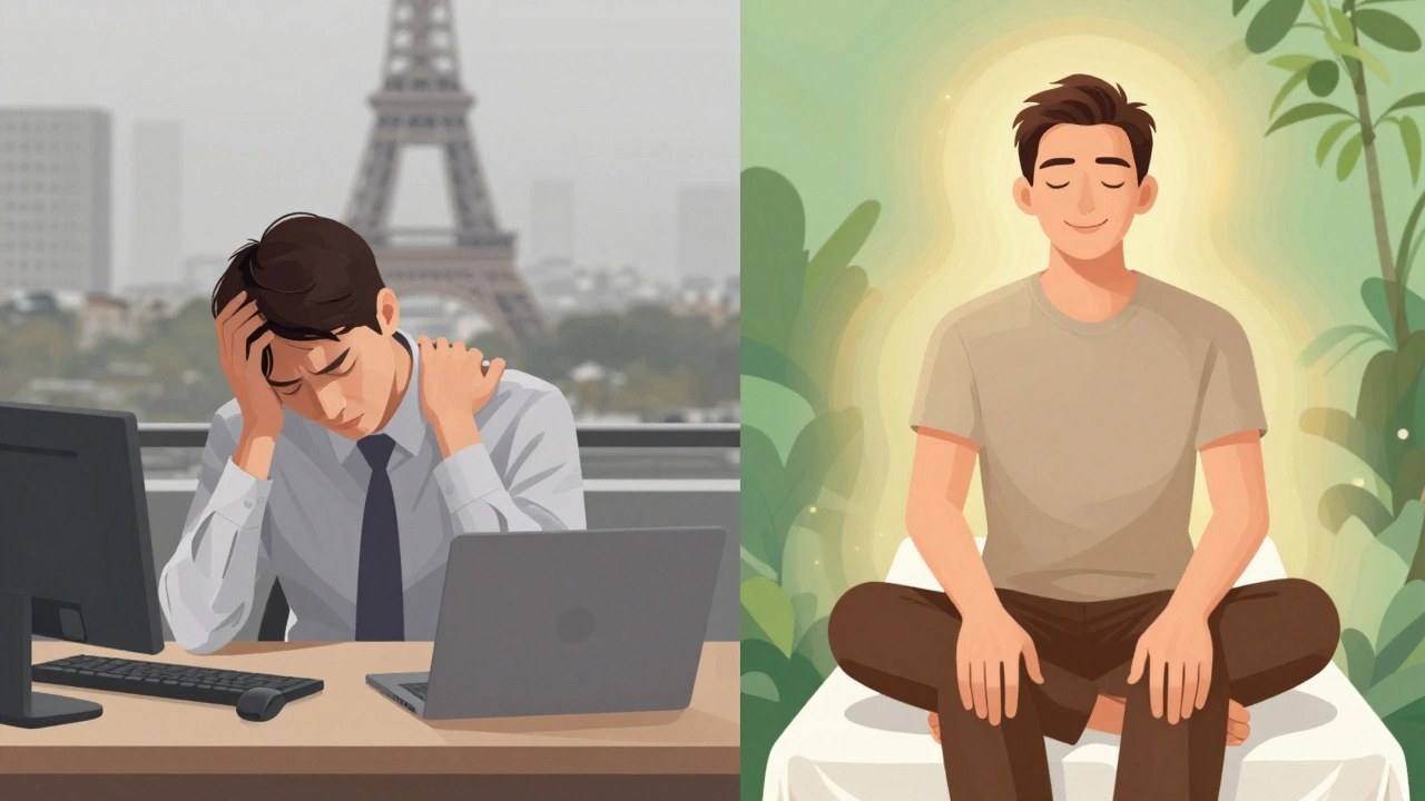 Contraste entre une personne stressée au bureau et la même personne apaisée après un massage chinois.