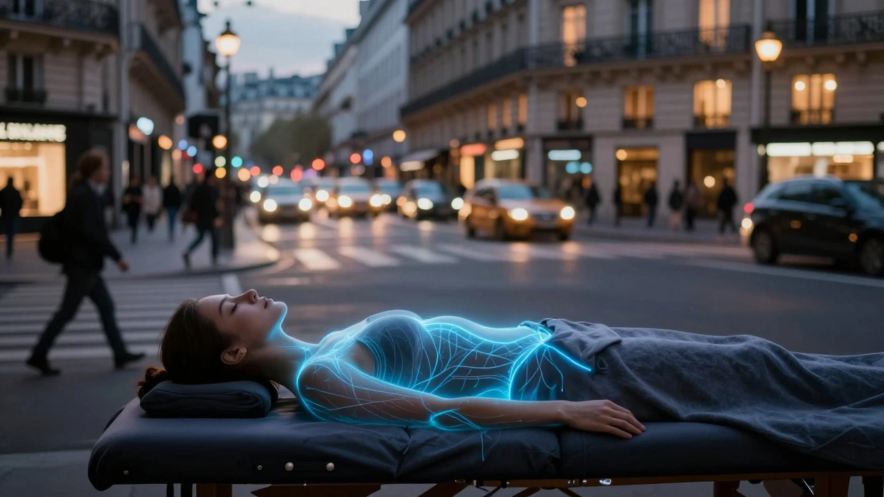 Contraste visuel entre une ville urbaine stressante et une silhouette apaisée éclairée par des lignes énergétiques de détente corporelle.