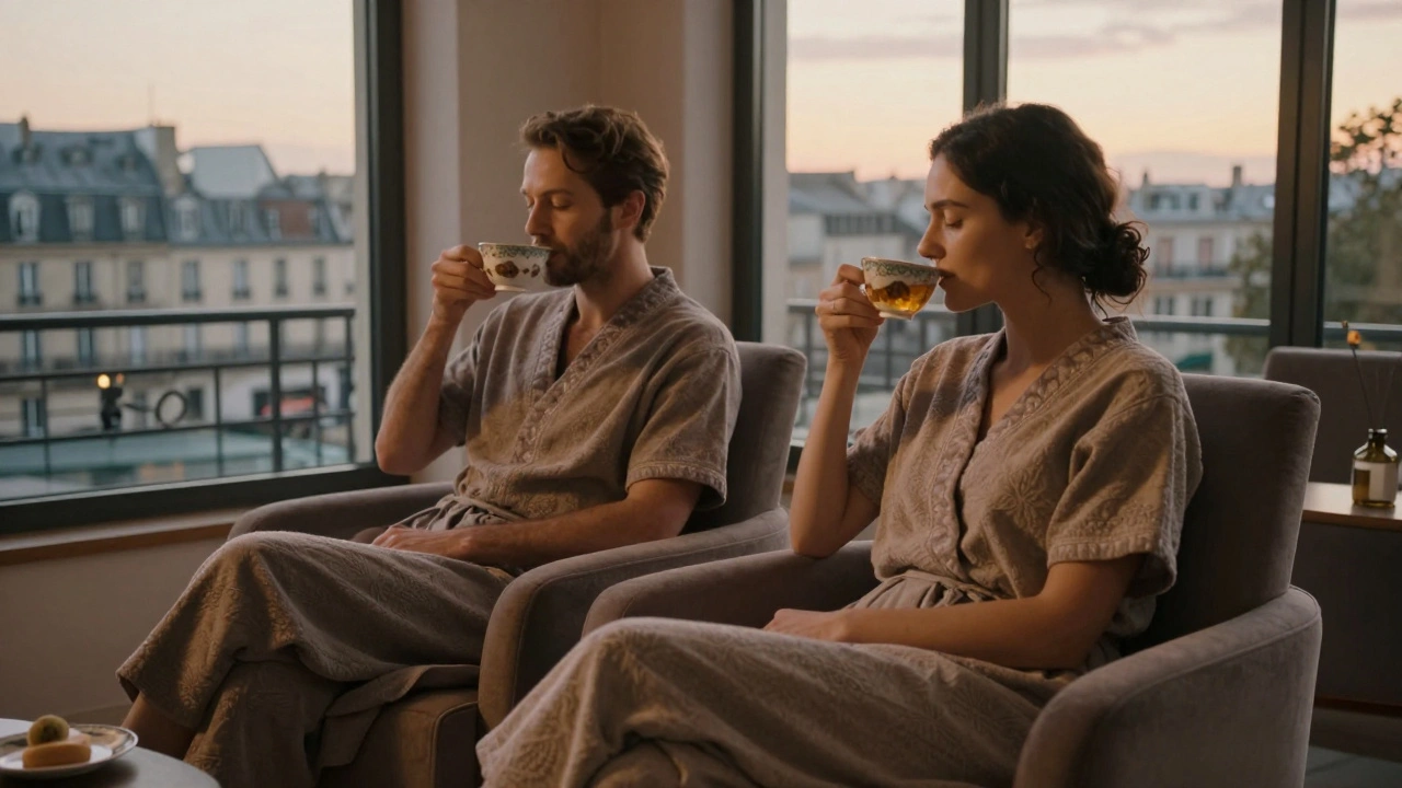 Couple se détendant après massage dans un salon élégant avec thé et vue parisienne.