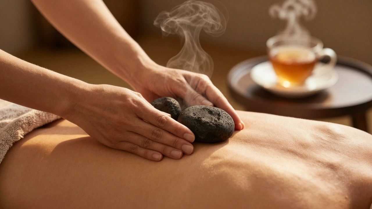 Des mains tenant des pierres chaudes reposant doucement sur les épaules lors d'un massage détente.