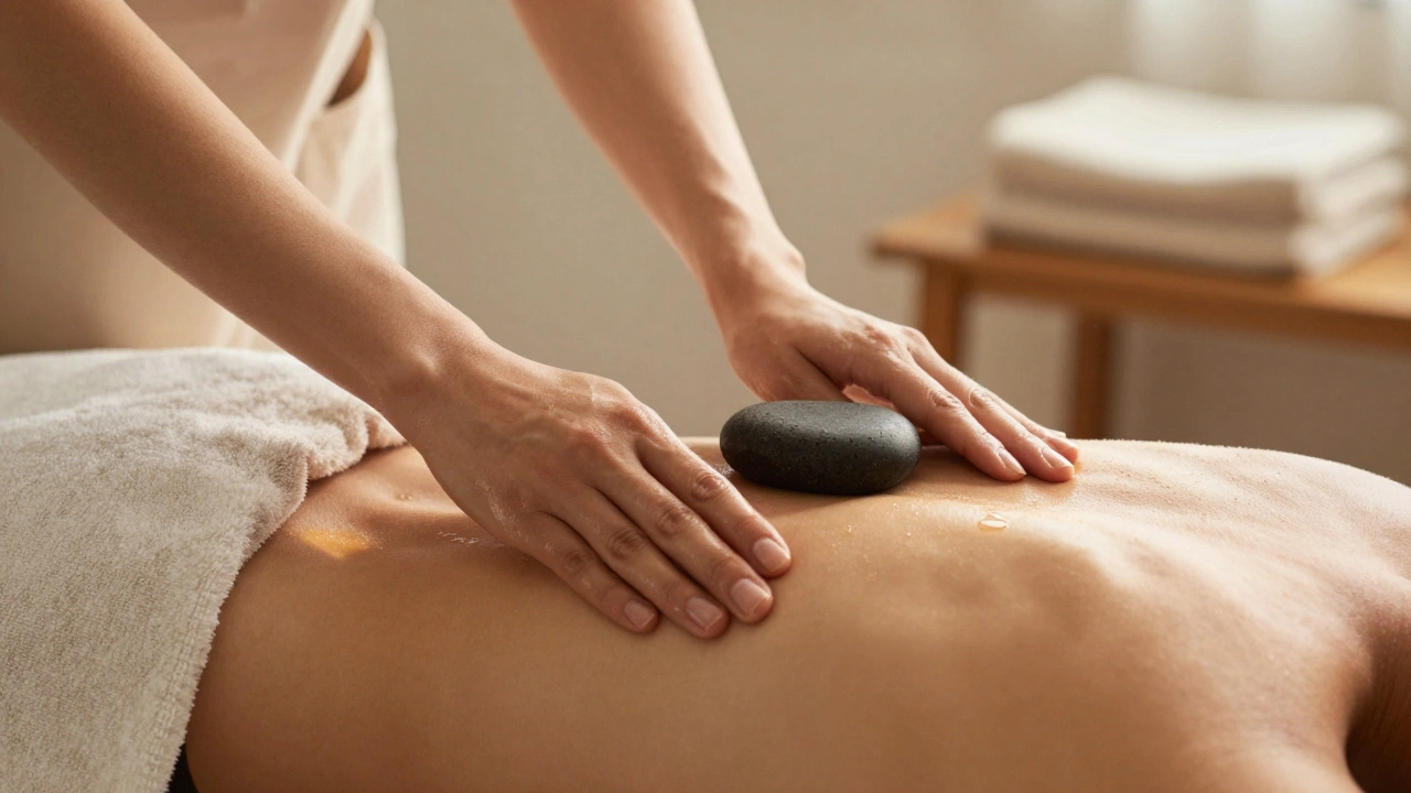Deux mains massant une épaule nue avec une pierre chaude, l'huile luisante sous une lumière douce, dans un environnement minimaliste et apaisant.