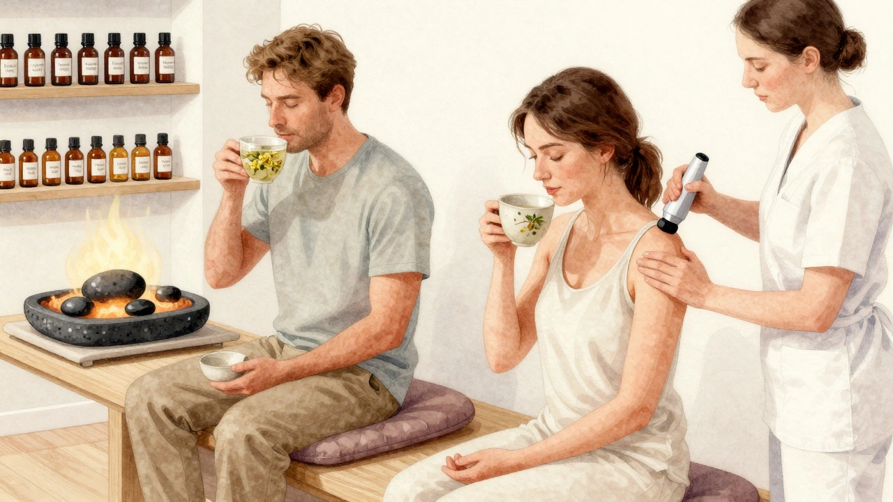 Deux personnes détendues buvant une infusion naturelle dans un spa parisien, avec des pierres volcaniques et des huiles essentielles visibles en arrière-plan.