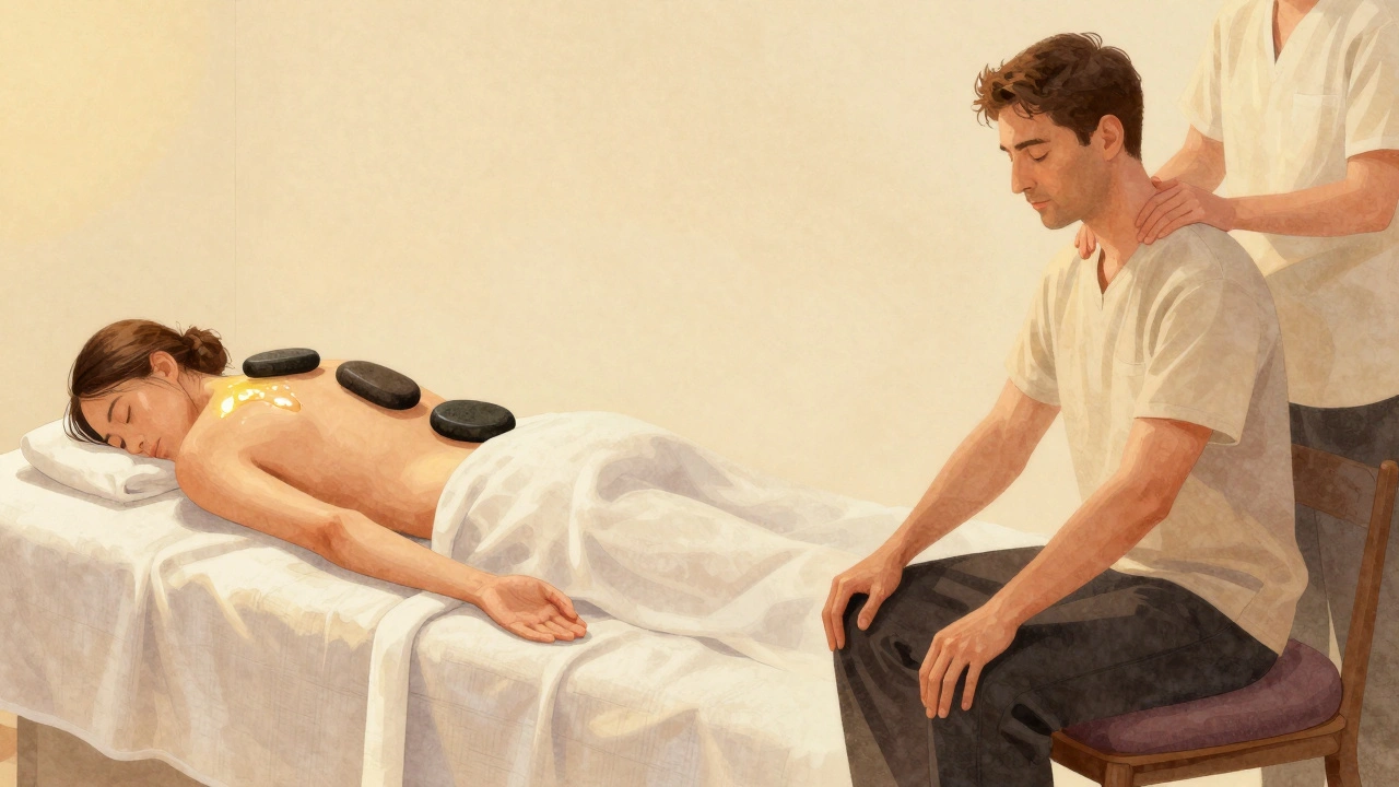 Deux types de massages : un massage aux pierres chaudes et un massage assis, dans un cadre apaisant et minimaliste.
