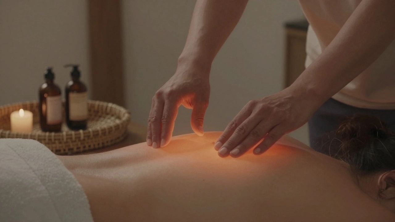 Les mains d'un praticien flottent au-dessus du dos d'un client, détectant les changements thermiques liés à la libération de tensions.