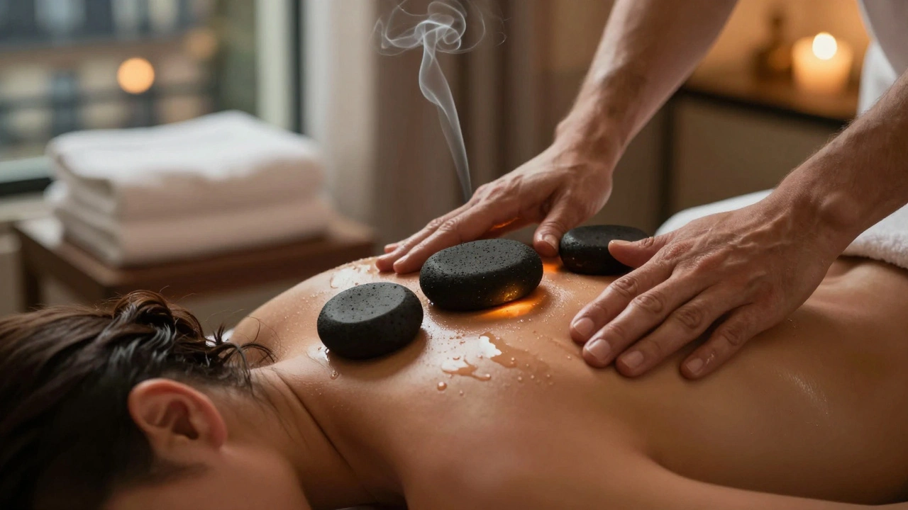 Mains d'un professionnel utilisant des pierres chaudes pour un massage relaxant, huiles et lumière tamisée.