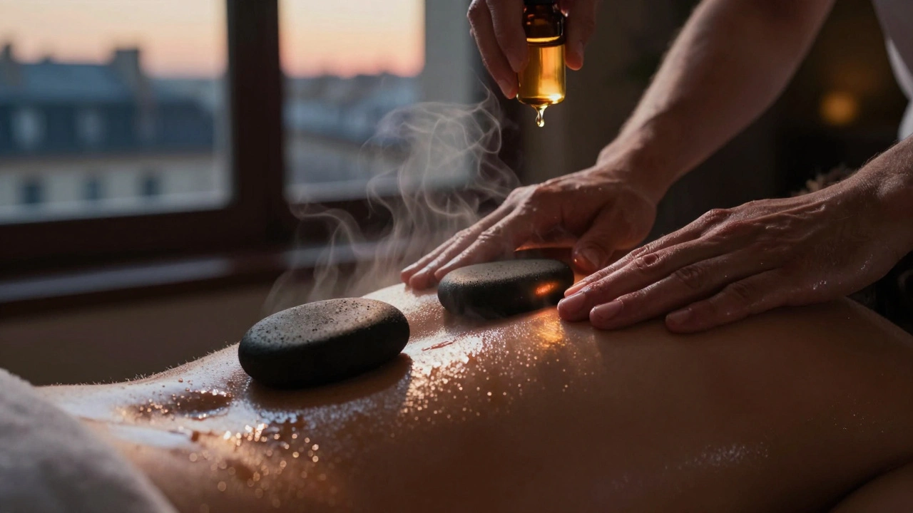 Mains effectuant un massage aux pierres chaudes, vapeur et huile brillante sur le dos, ambiance apaisante.