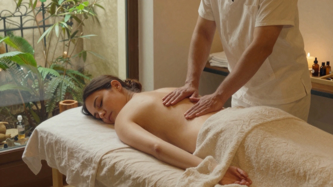 Massage suédois doux dans un spa élégant du 16e arrondissement, avec une vue sur un jardin intérieur.
