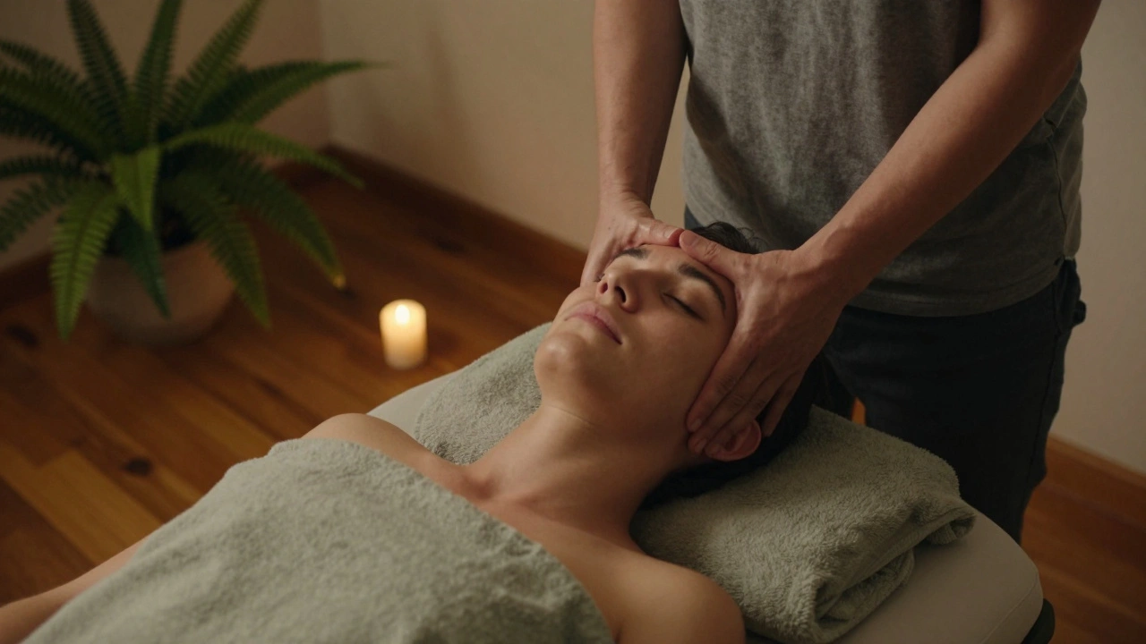 Masseuse appliquant une pression sur la nuque d'un client assis, lumière tamisée, ambiance apaisante et intime.