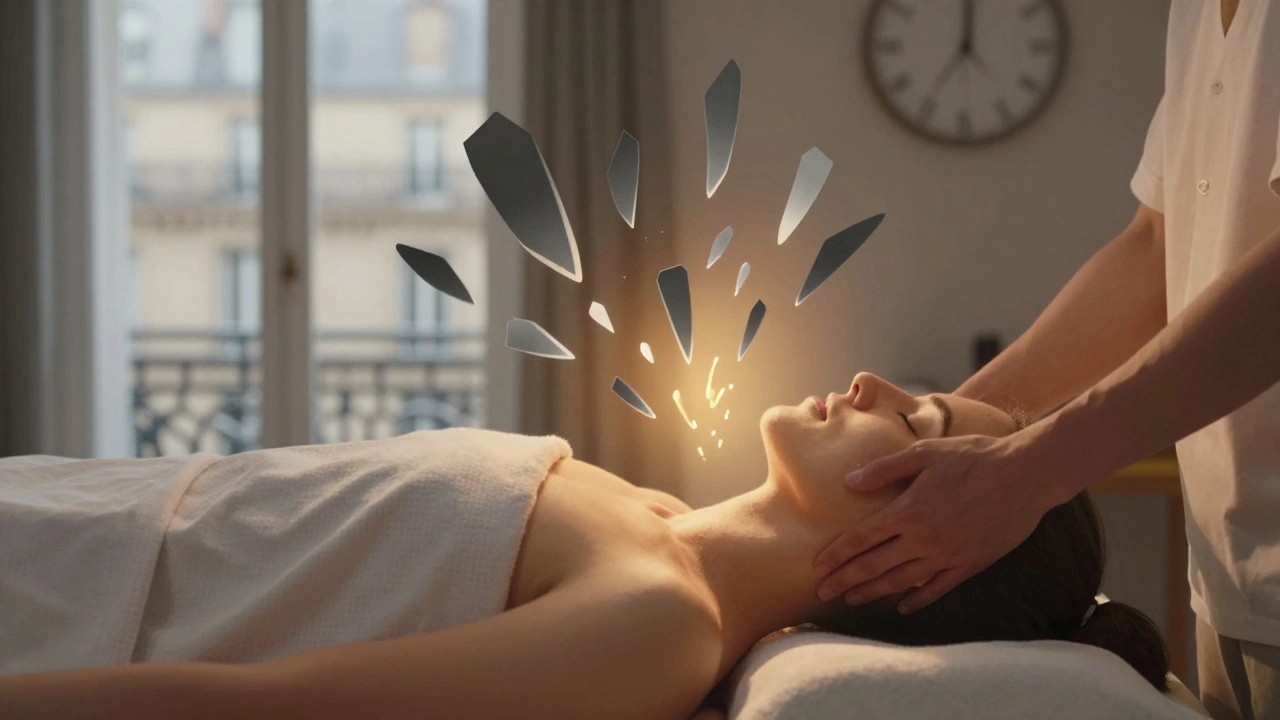 Personne en massage avec tensions qui se transforment en lumière chaude, fond urbain flouté.