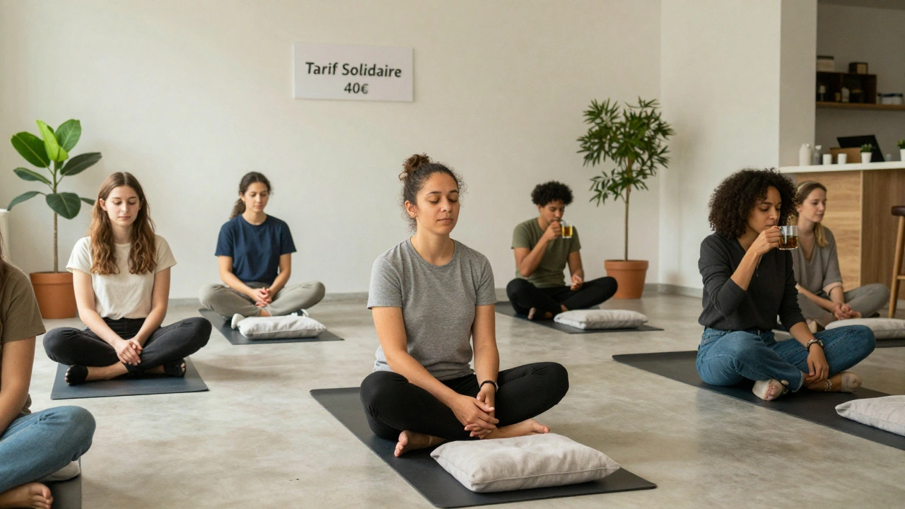 Personnes en train de recevoir un massage abordable dans un centre communautaire à La Villette, Paris.