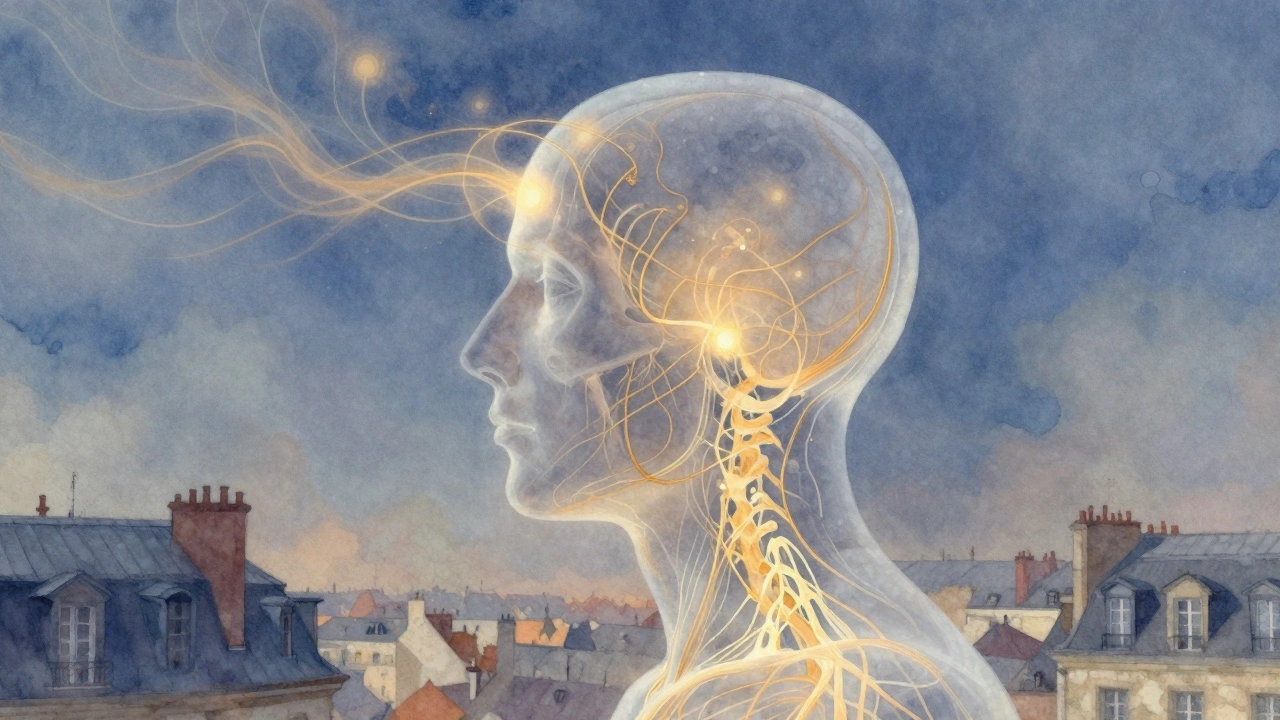 Représentation abstraite d’un crâne libérant des tensions nerveuses sous forme de lumières dorées flottantes.