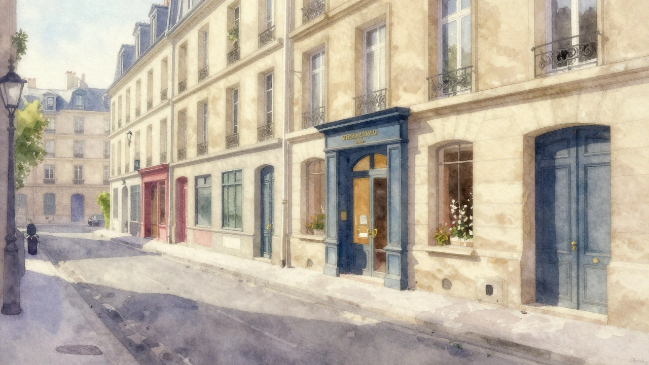 Rue calme de Saint-Germain-des-Prés avec architecture historique et entrée discrète de spa.