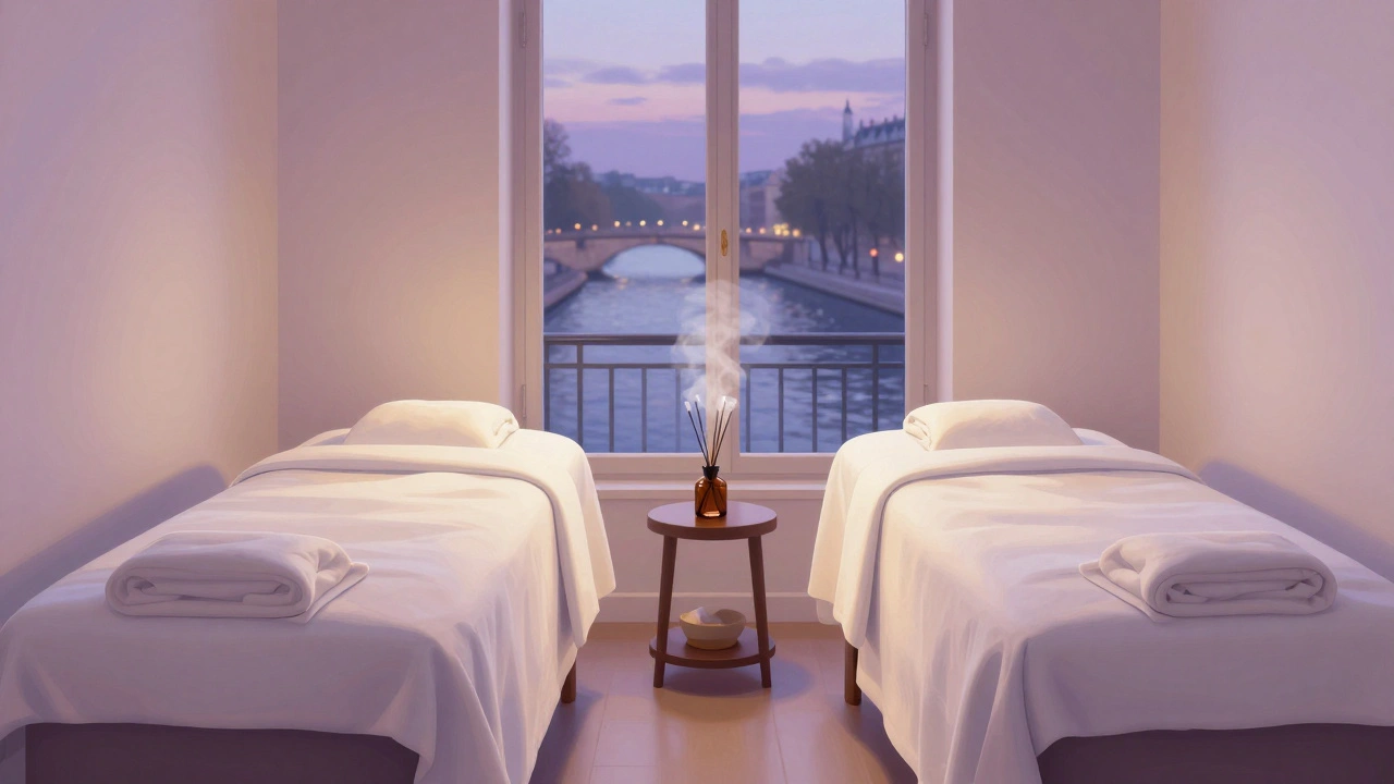 Salle de massage calme avec lits jumeaux, lumière tamisée et fenêtre sur la Seine.