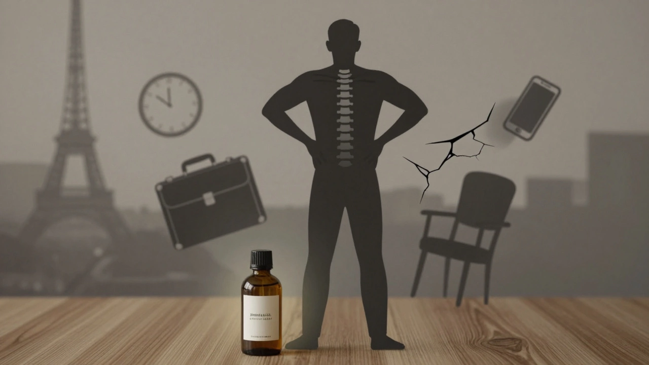 Silhouette d'un homme après un massage, les tensions urbaines qui s'évanouissent le long de sa colonne.