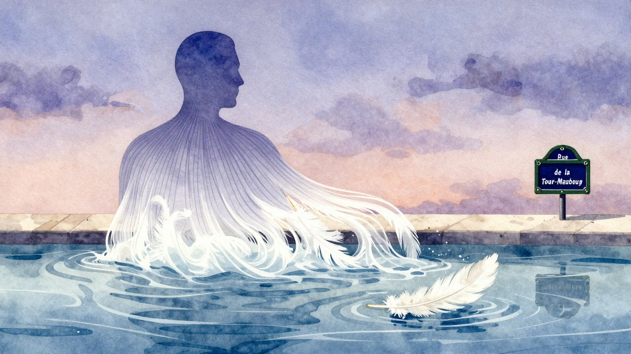 Silhouette humaine dont les tensions se transforment en plumes et vagues, vue de Paris 15 en arrière-plan.