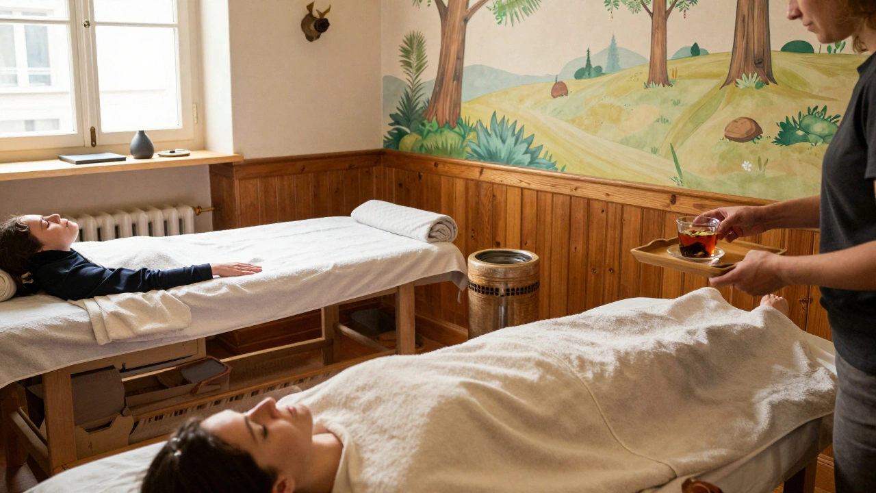 Studio simple et chaleureux dans le 18e arrondissement, où un praticien offre une tisane après un massage.