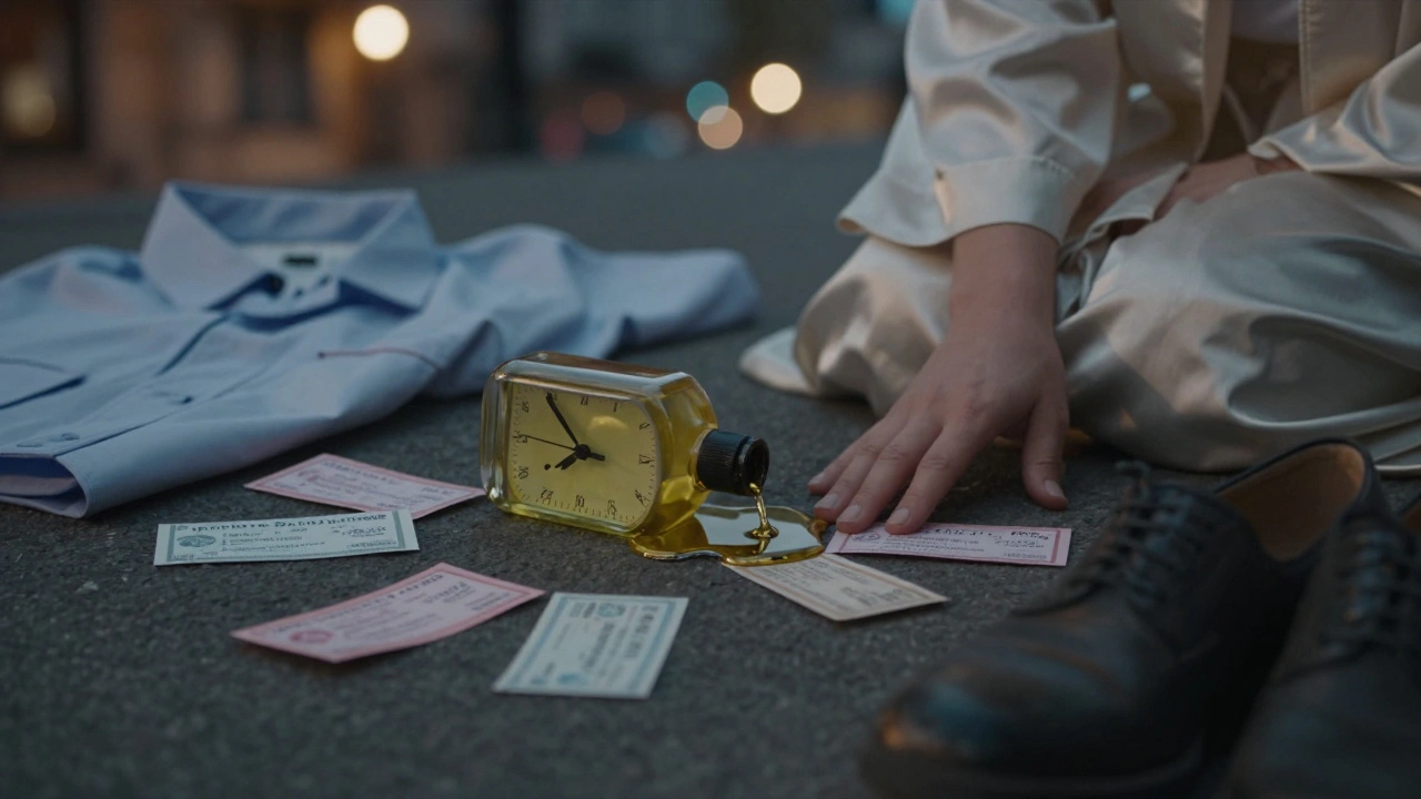 Symbole visuel de la détente : une montre qui fond dans une bouteille d'huile de massage, entourée d'objets du quotidien stressant.